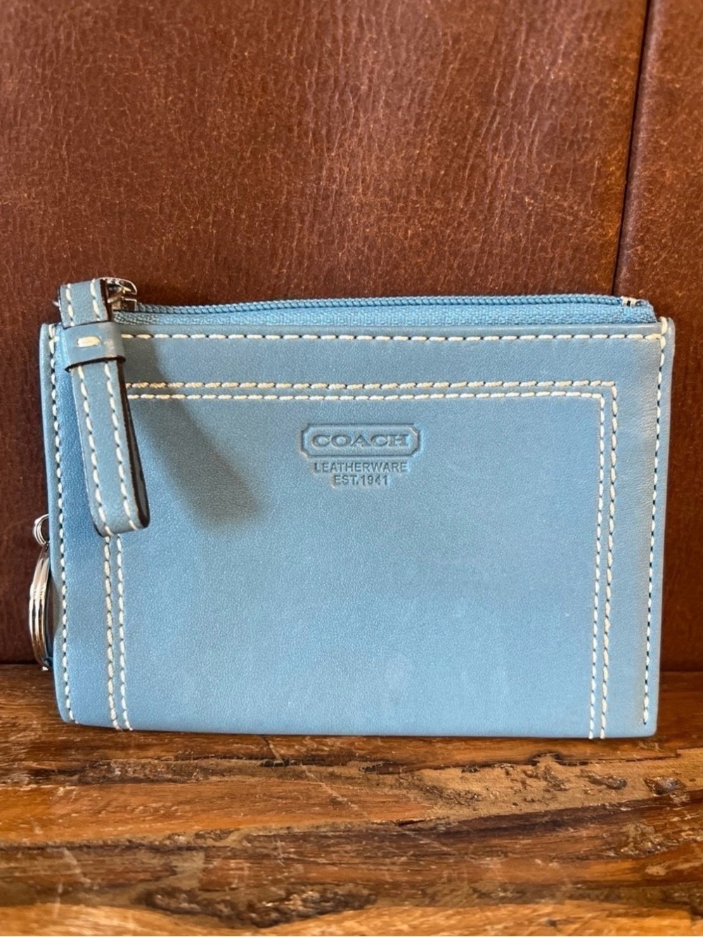 Coach Light Blue Leather Zip Card Case Vintage
